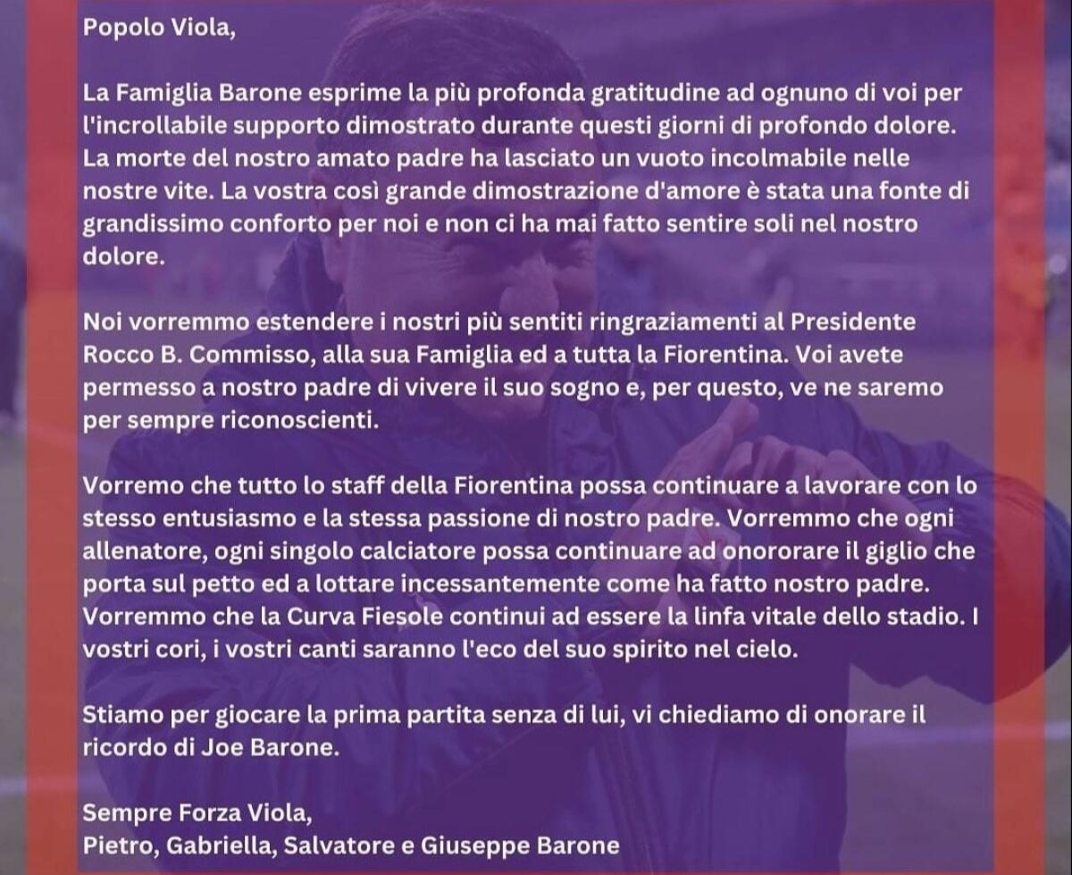 La famiglia Barone: "Vorremmo che ogni allenatore e giocatore onori il giglio come ha fatto nostro padre" - 