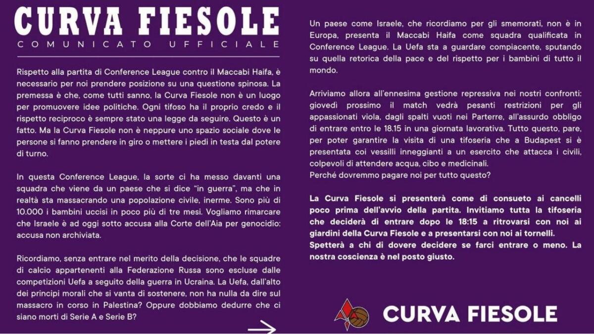 La Curva Fiesole si schiera: "Gestione repressiva in vista del Maccabi. Entriamo allo stadio dopo le 18:15" - 