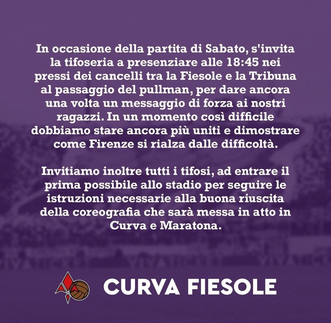 La Fiesole annuncia: "Contro il Milan Coreografia in Curva e in Maratona. Prima della gara aspettiamo il pullman"