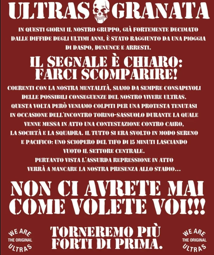 Ultras Granata non presenzieranno in Torino-Fiorentina: "Il segnale è chiaro: volete farci scomparire"
