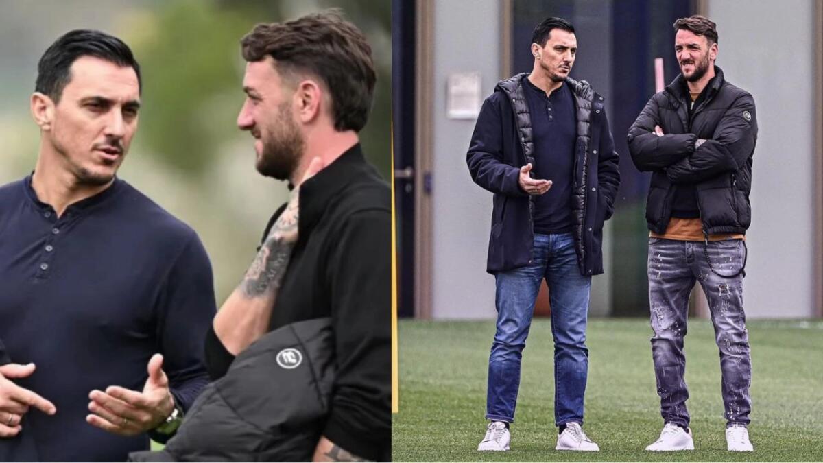 Gonzalo Rodriguez in visita al Viola Park. L'ex Fiorentina ha visto l'allenamento insieme a Burdisso - 