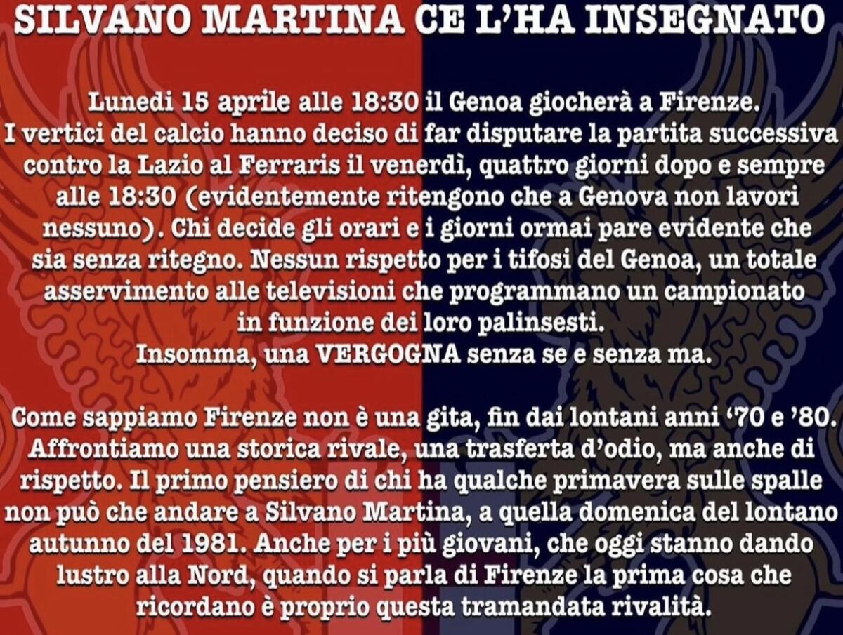Brutto comunicato dei tifosi genoani: "Silvano Martina ce l'ha insegnato, Firenze trasferta piena d'odio" - 