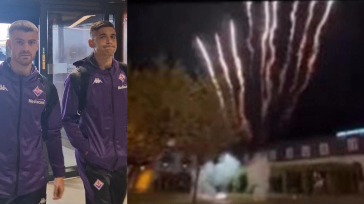 I tifosi del Club Brugge fanno i fuochi d'artificio davanti l'albergo della Fiorentina per non farli dormire - 