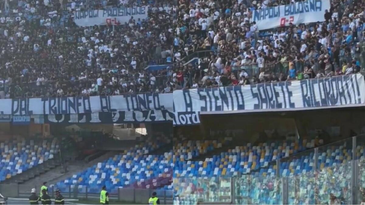 I tifosi del Napoli contestano tra fischi e striscioni: "Dal trionfo al tonfo, a stento sarete ricordati" - 