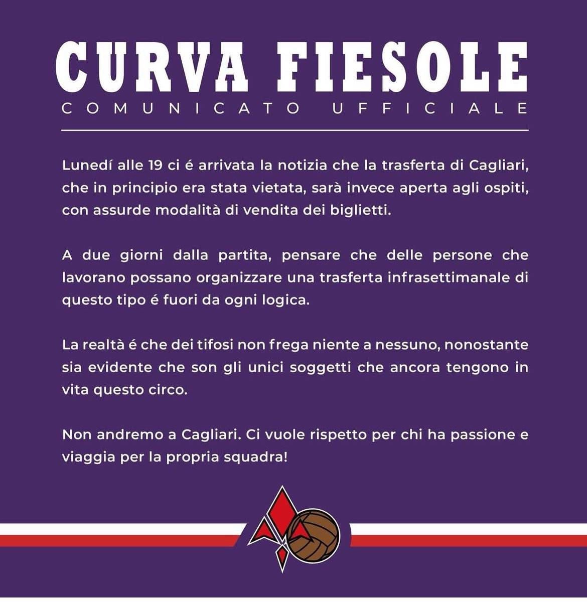 I tifosi della Fiorentina non vanno a Cagliari? Il club sardo apre il settore ospiti per i propri tifosi