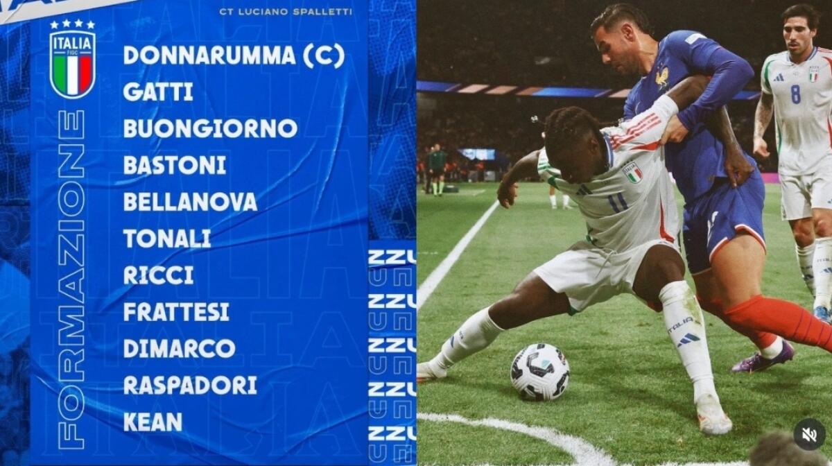 Kean titolare nell'Italia, al suo fianco Raspadori. Il modulo è un 3-5-2. La formazione ufficiale - 