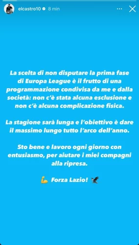 Castrovilli e l'esclusione dalle liste UEFA: "Nessun problema fisico, scelta condivisa con la Lazio"