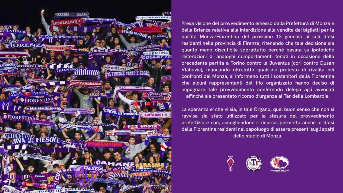 I tifosi della Fiorentina non ci stanno: chiesto ricorso al TAR per il divieto di trasferta col Monza - 