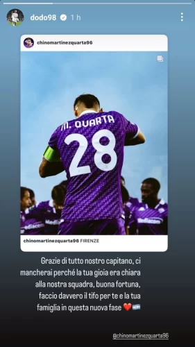 Dodo saluta Quarta: "Grazie di tutto, ci mancherai e faccio il tifo per te in questa nuova fase"
