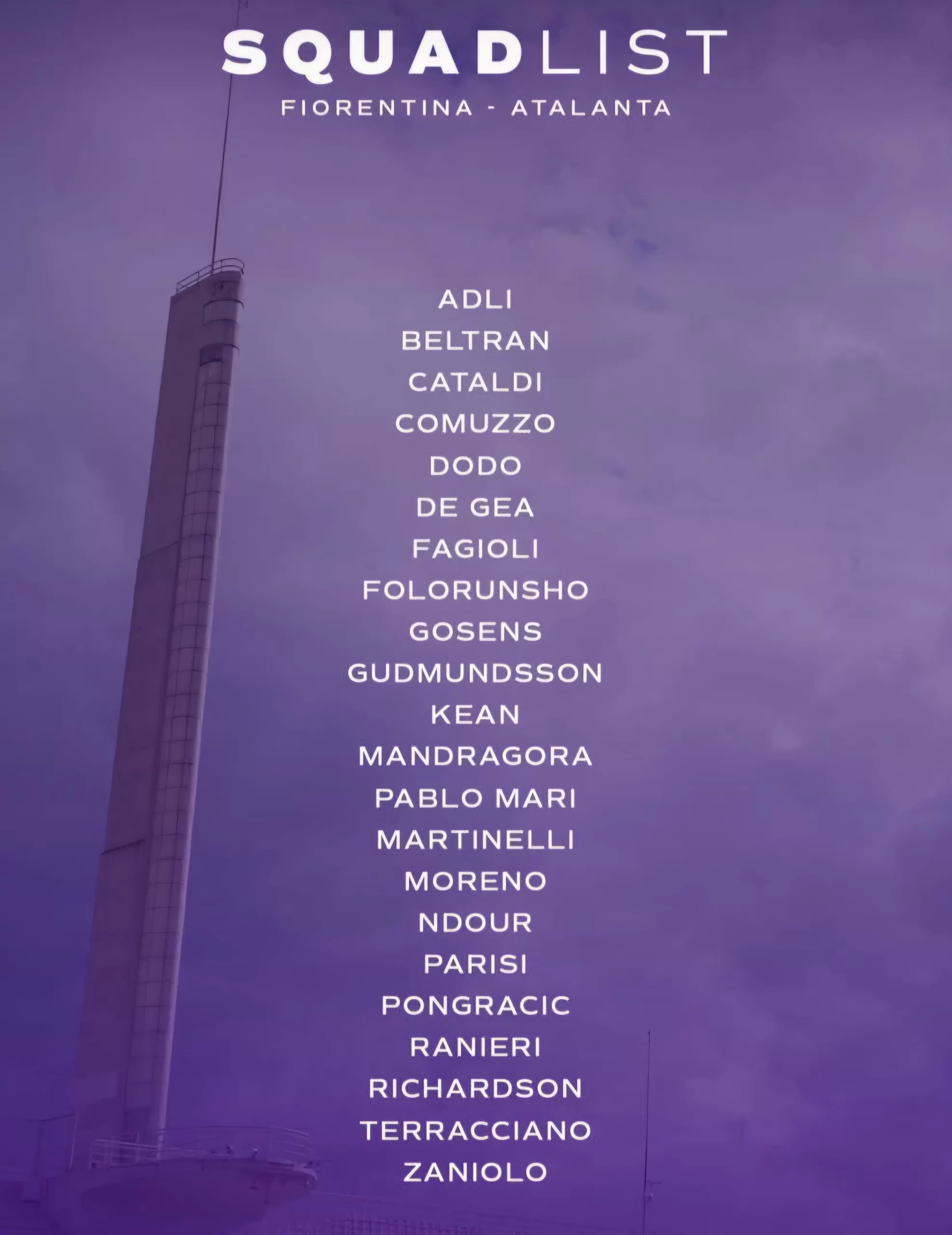 I convocati della Fiorentina contro l'Atalanta. Rosa al completo tranne Colpani, fuori per infortunio. La lista completa