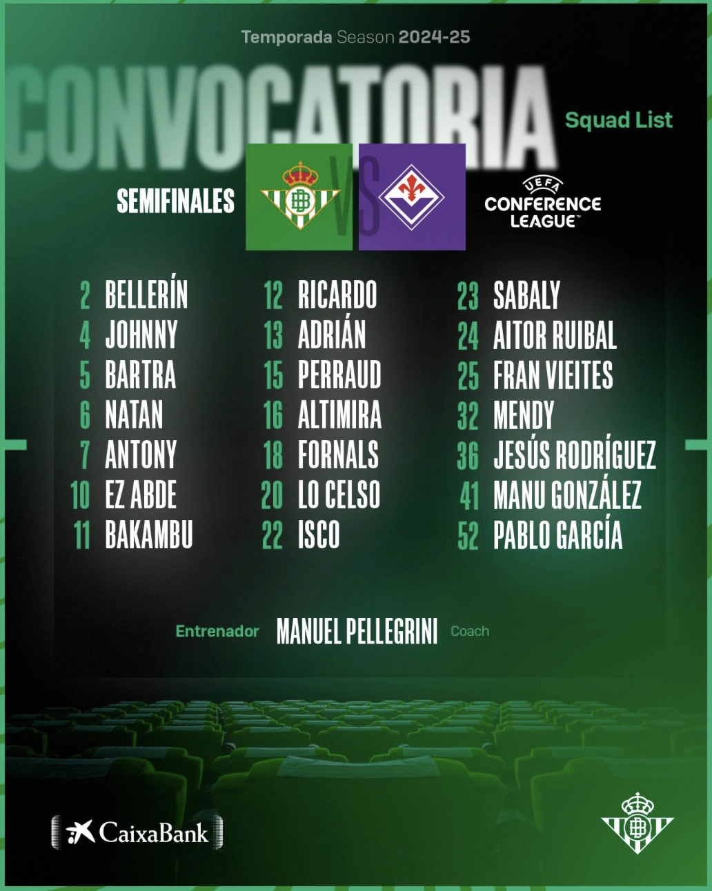 I convocati del Betis per la Fiorentina: c'è Bakambu, assenti Avila, Llorente e Roca