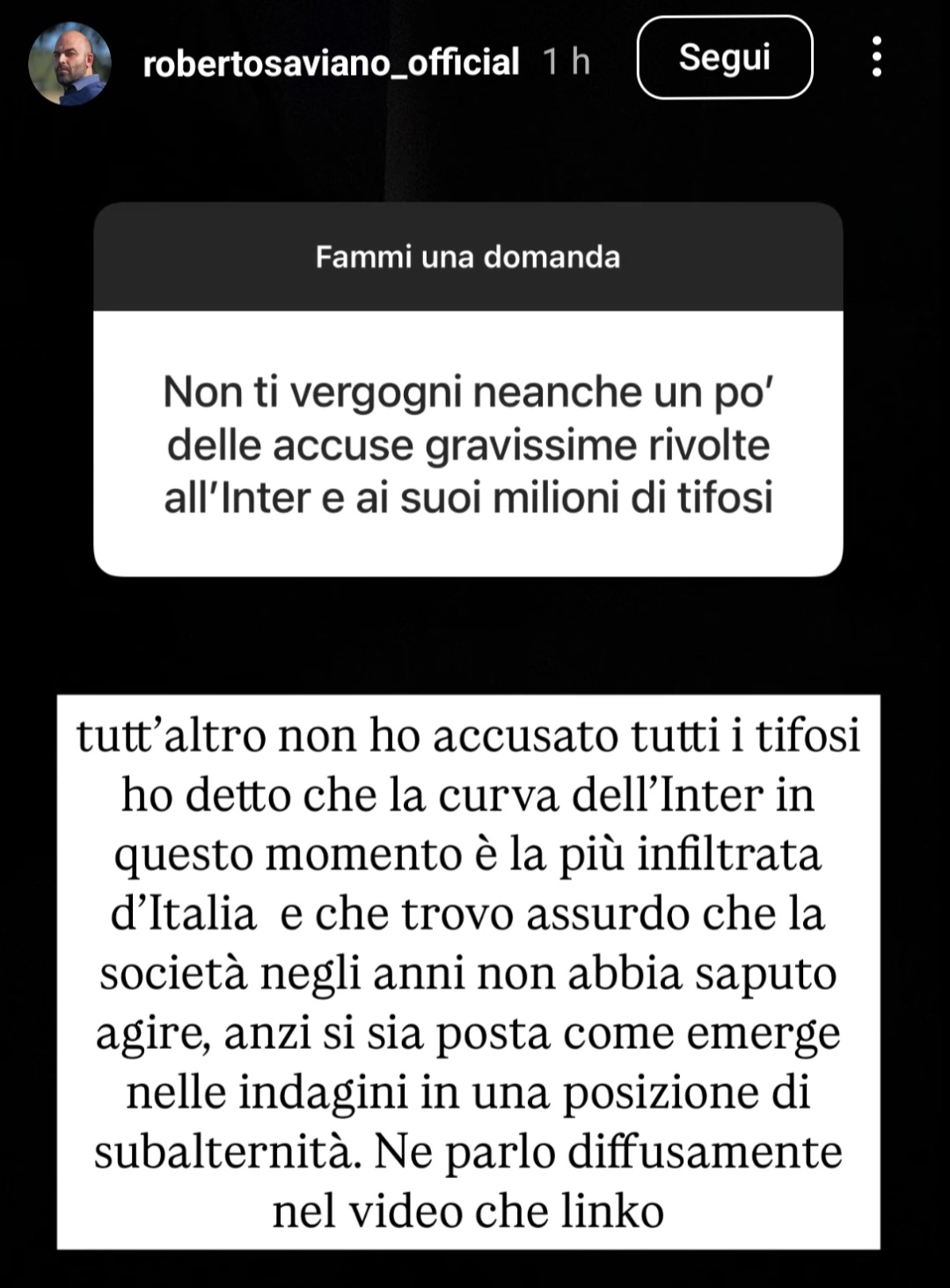 Il Bologna segna all'Inter e Saviano scrive: "Contro la Curva più ndranghetista d'Italia"