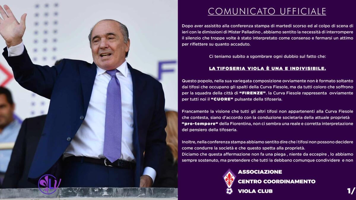 Comunicato ACCVC: "Siamo liberi di manifestare il dissenso, vogliamo un allenatore esperto alla Fiorentina" - 