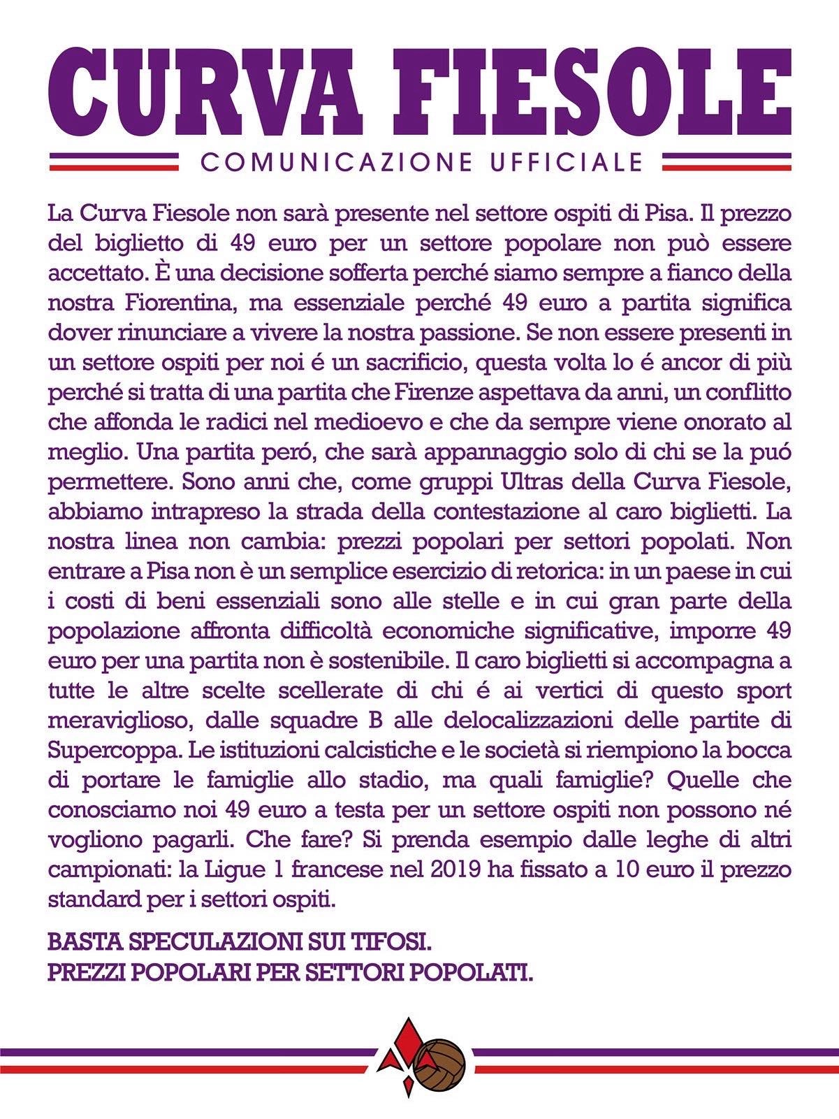 Curva Fiesole: "Assenti a Pisa perchè il costo di 49 euro per un biglietto non può essere accettato"