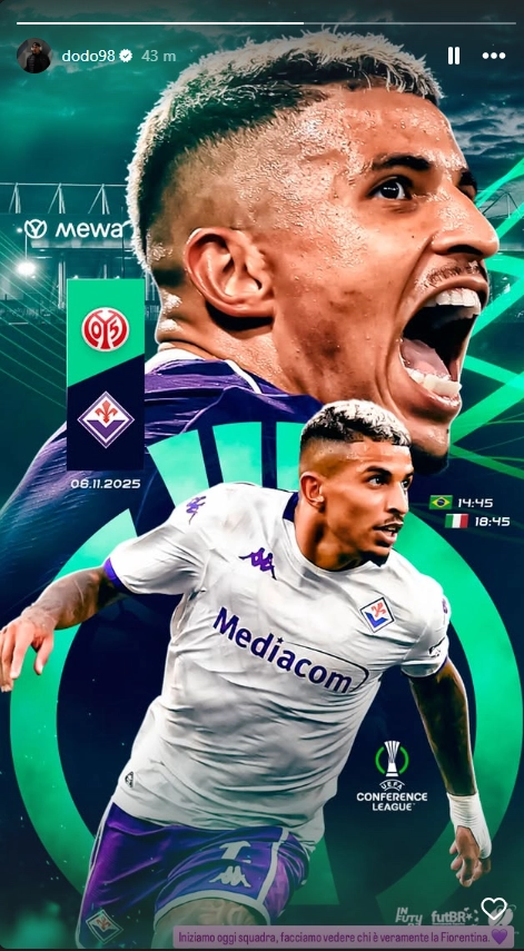 Dodò su Instagram: "Iniziamo oggi squadra, facciamo vedere chi è veramente la Fiorentina!"