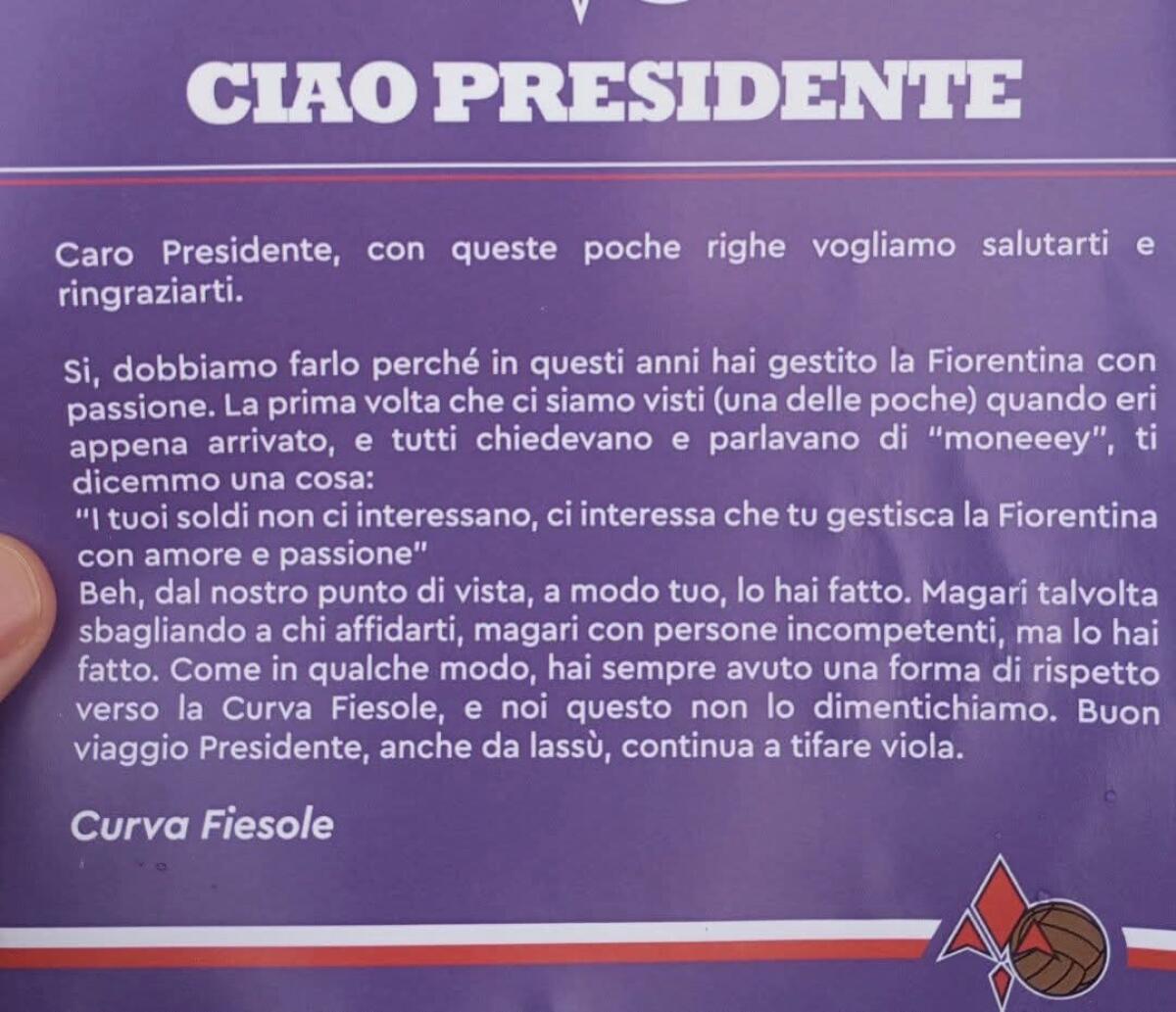 La Curva Fiesole ringrazia Commisso: "Hai gestito la Fiorentina con amore e passione. Noi non dimentichiamo" - 