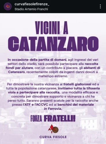 Catanzaro e Firenze sempre più unite: la Curva Fiesole organizza una raccolta fondi per i cittadini calabresi